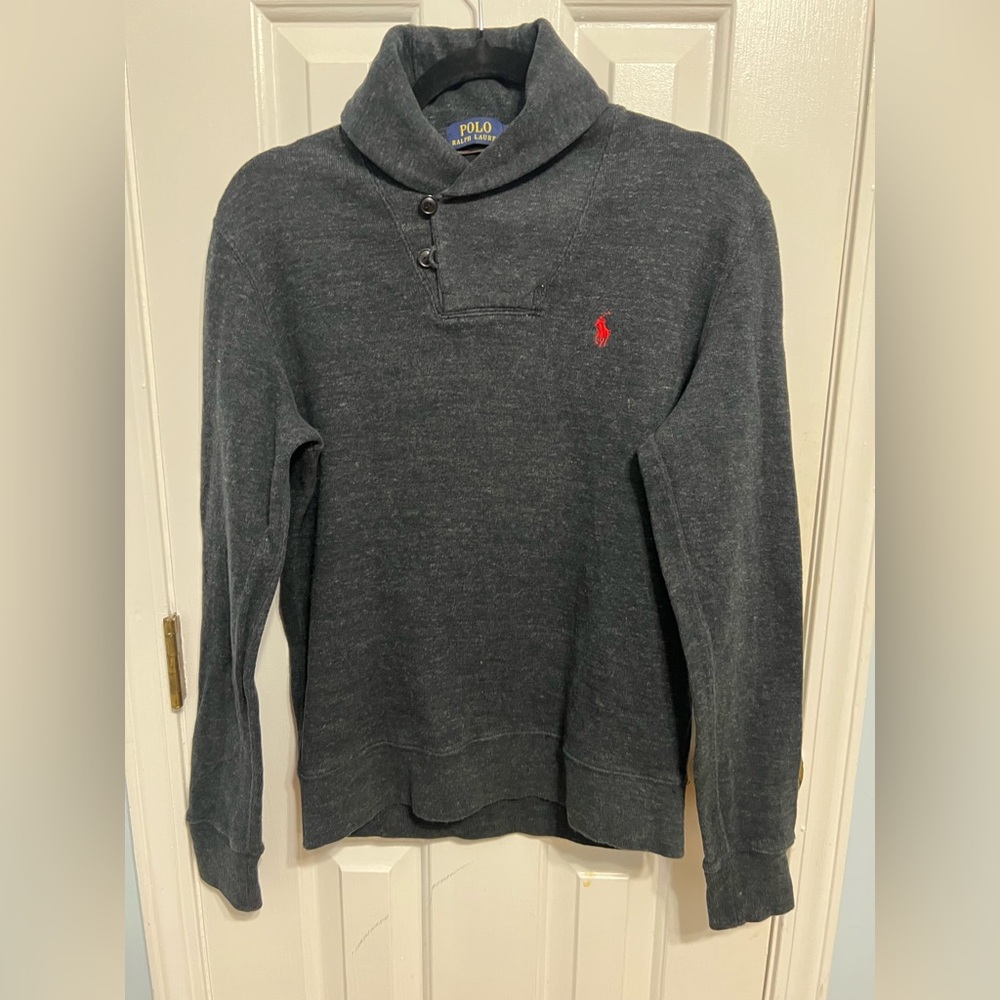 Polo Ralph Lauren Sweater Mens Gray Knit Shawl Neck Preppy Soft Charcoal